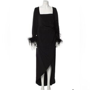 Danaeys New York Silk Black Long Sleeve Dress with Feather Accents